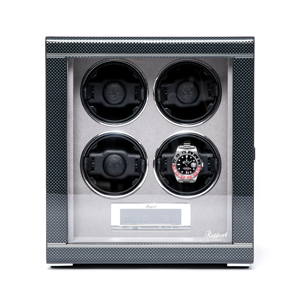 Formula Quad Watch Winder in silver with four circular slots for watches and a digital control panel