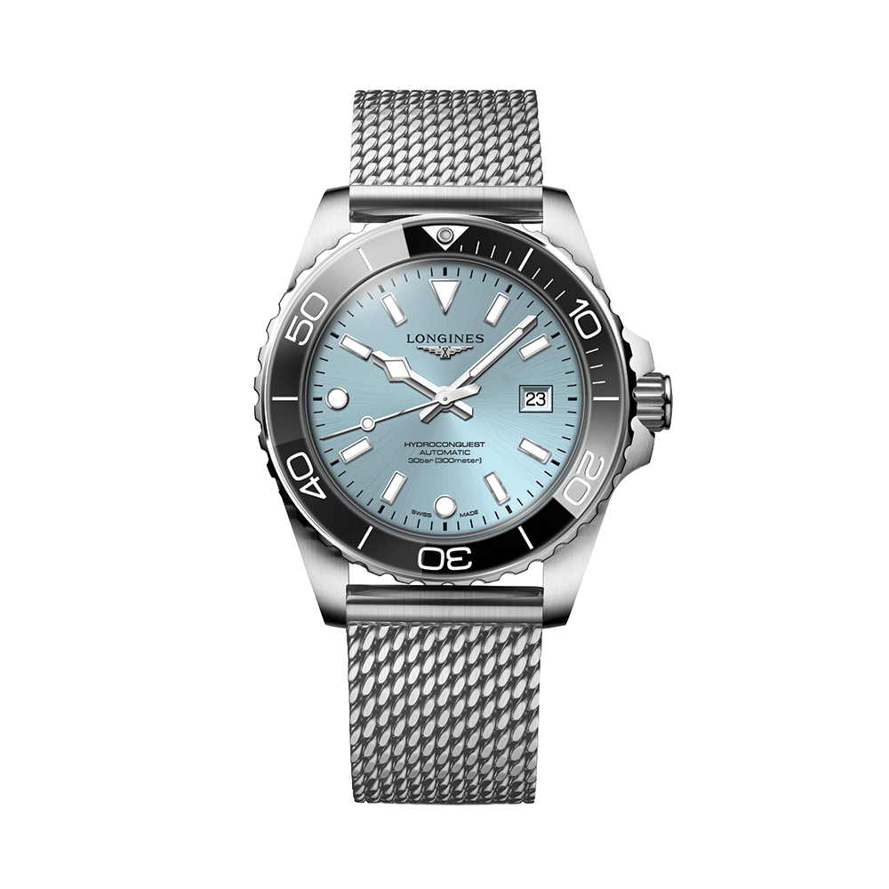 HydroConquest 42mm - Blue, Black Bezel on Mesh Bracelet