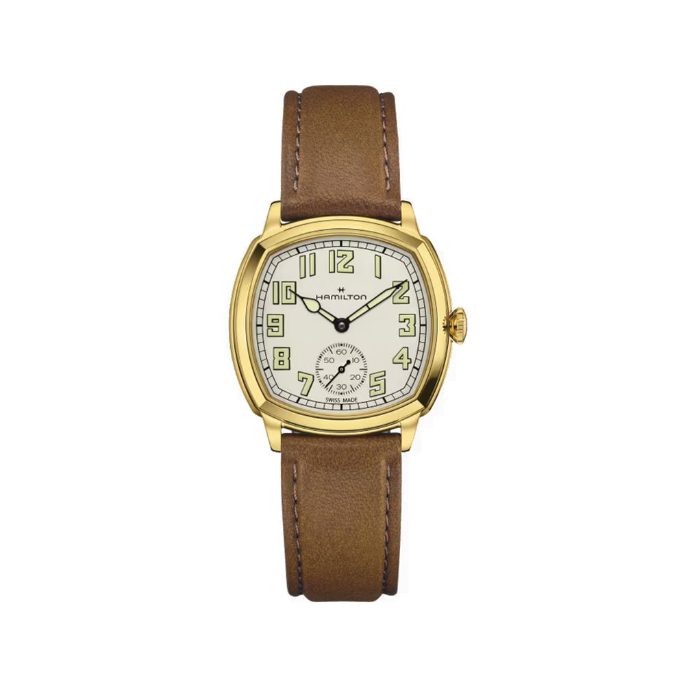 American Classic Cushion Mechanical PVD Gold-Tone 34mm - Beige on Leather Strap