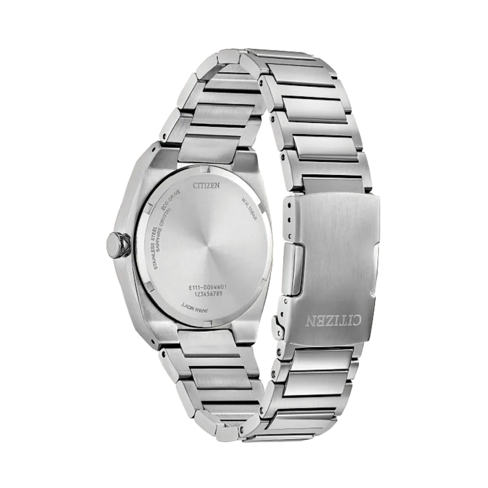 Citizen Sport Luxury 40mm watch shown from the rear with a stainless steel bracelet.