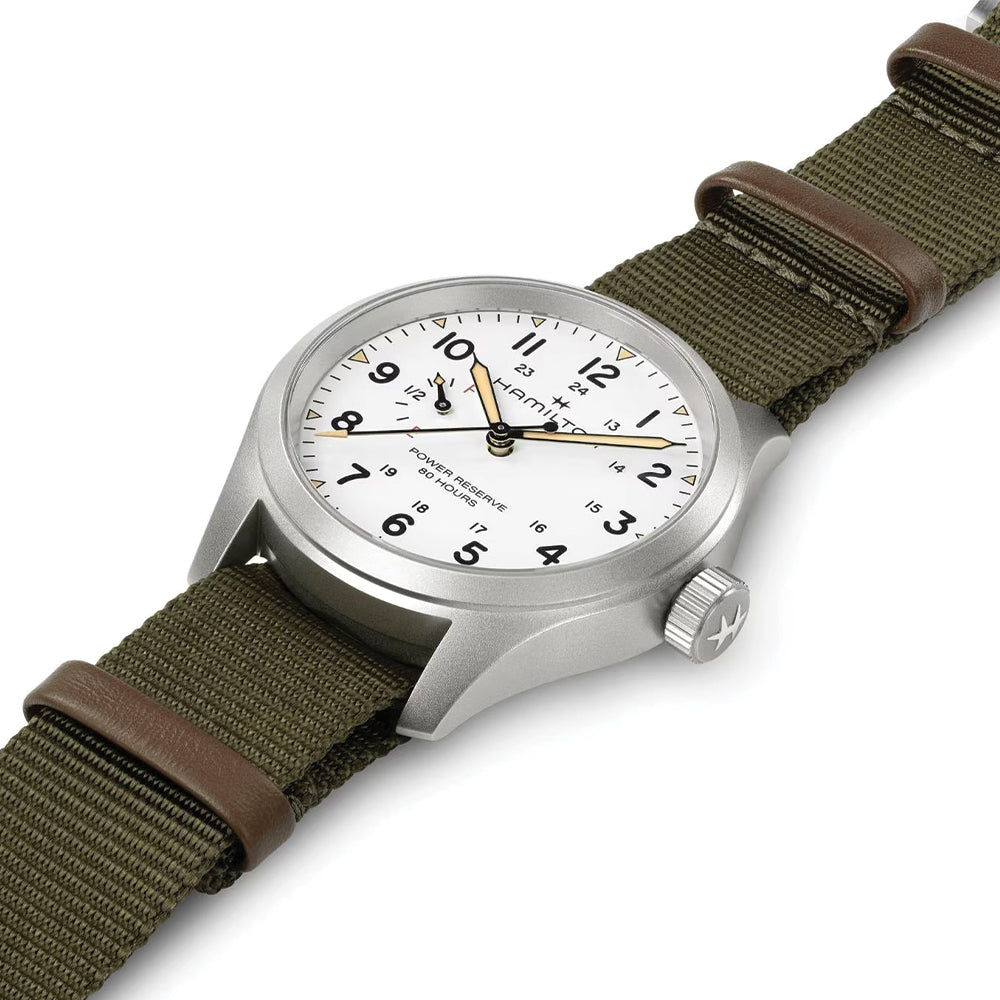 Khaki Field Mechanical Power Reserve 40mm - White on Fabric Strap