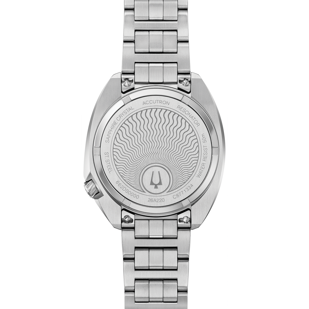 Rear view of Elevation 39mm Champagne on Bracelet showing stainless steel caseback and bracelet