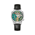 Alpha 314 33mm multicolored skeleton dial watch on black leather strap showing exposed movement