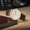Berlin Automatic gold PVD 38mm watch with beige dial on brown leather strap