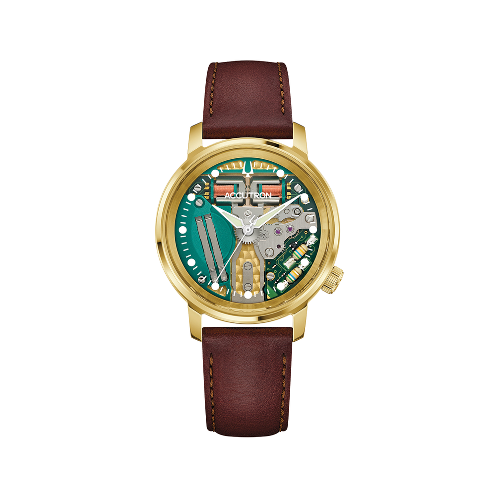Gold-tone Spaceview 314 Limited Edition 37mm with brown leather strap and a skeleton dial with multicolored components.