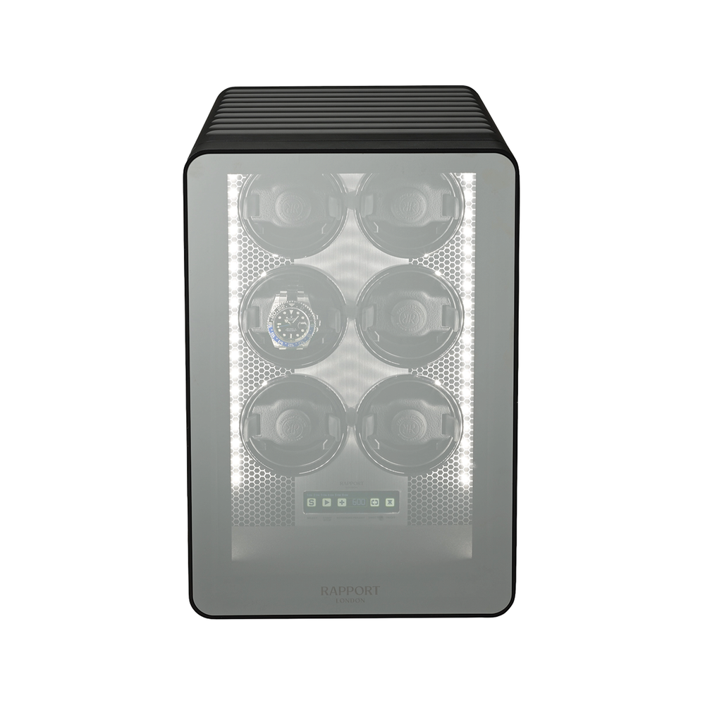 Neo Watch Winder Black with glass front showing six winding cups and a watch in one slot
