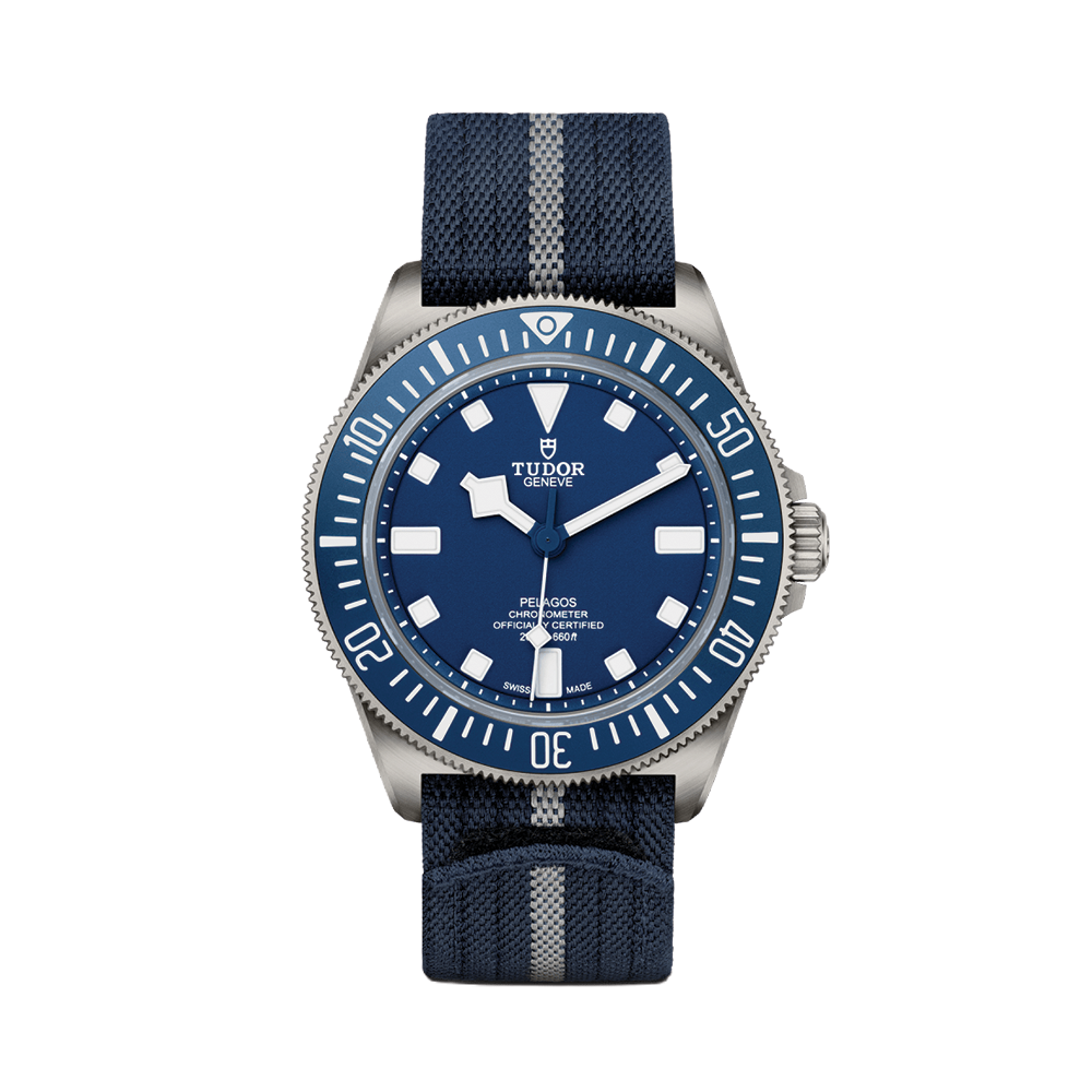 Pelagos FXD Titanium 42mm blue dial on a blue fabric strap with an additional rubber strap.