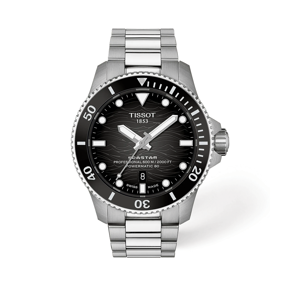 Tissot Seastar 2000 Professional 44mm watch with black dial and stainless steel bracelet