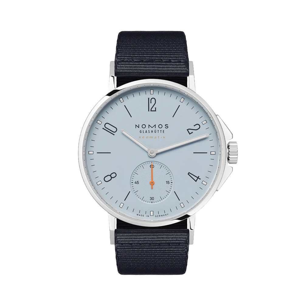 Nomos Ahoi Neomatik Sky watch with light blue dial and navy fabric strap