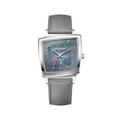 Silver cushion-shaped watch with blue grey dial and grey leather strap