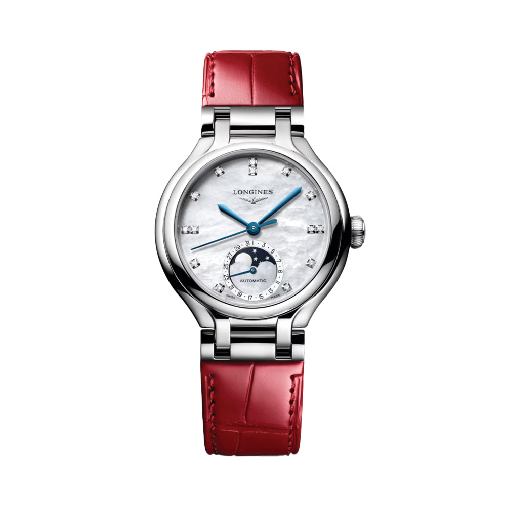 PrimaLuna Moonphase with Diamonds 34mm - White Mother-of-Pearl on Red Leather Strap