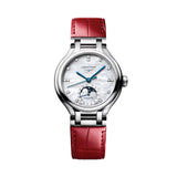 PrimaLuna Moonphase with Diamonds 34mm - White Mother-of-Pearl on Red Leather Strap