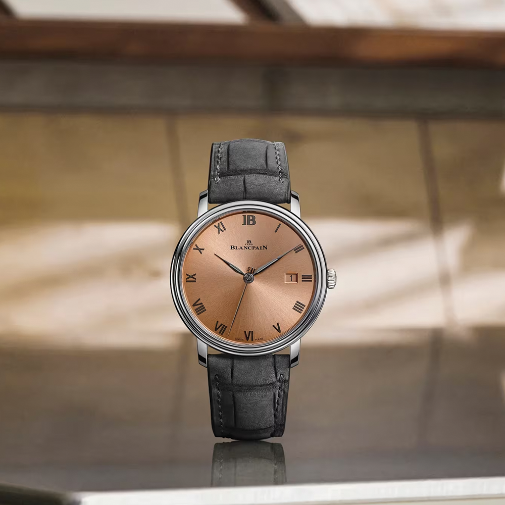 Villeret Ultraplate 38mm - Sunburst Salmon on Leather Strap