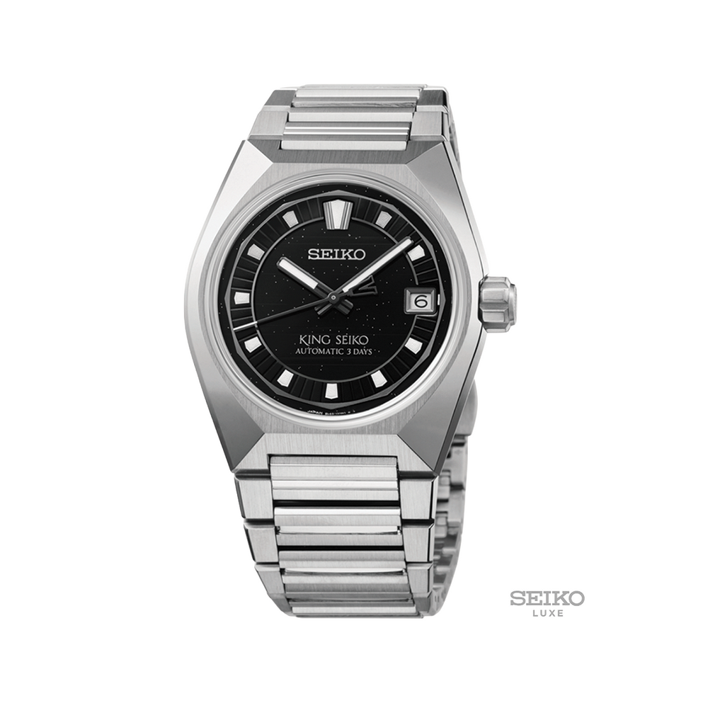 King Seiko VANAC 41mm watch with black dial on a brushed stainless steel bracelet