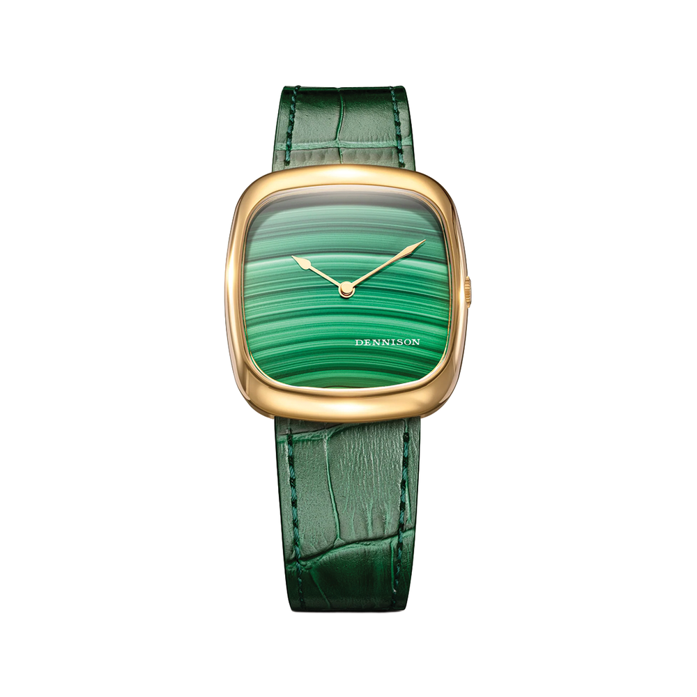 Gold timepiece with a green malachite dial and green leather strap