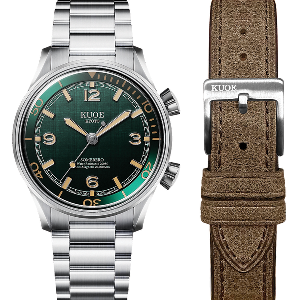 SOMBRERO 38mm - Green on Flat-Link Bracelet w/ Additional Leather Strap
