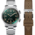 SOMBRERO 38mm - Green on Flat-Link Bracelet w/ Additional Leather Strap