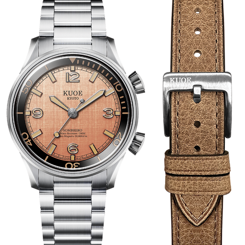 SOMBRERO 38mm - Salmon Pink on Flat-Link Bracelet w/ Additional Leather Strap