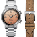 SOMBRERO 38mm - Salmon Pink on Flat-Link Bracelet w/ Additional Leather Strap
