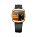 Gold tone square watch with a dual time dial split between tiger eye and marble on a black leather strap.