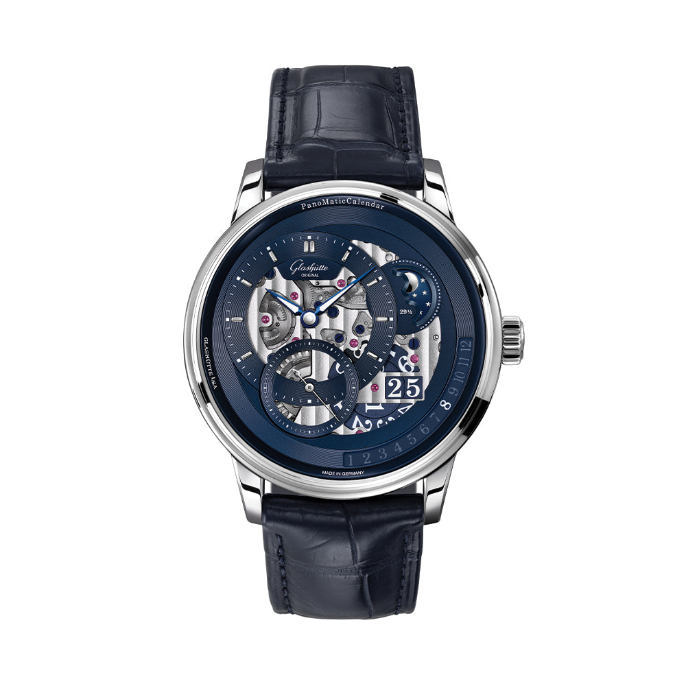 PanoMaticCalendar Limited Edition Platinum 42mm - Skeletonized Deep Blue on Leather Strap