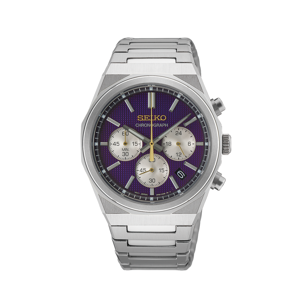 Purple dial Seiko Essentials quartz chronograph on a stainless steel bracelet with three silver subdials.