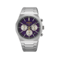 Purple dial Seiko Essentials quartz chronograph on a stainless steel bracelet with three silver subdials.