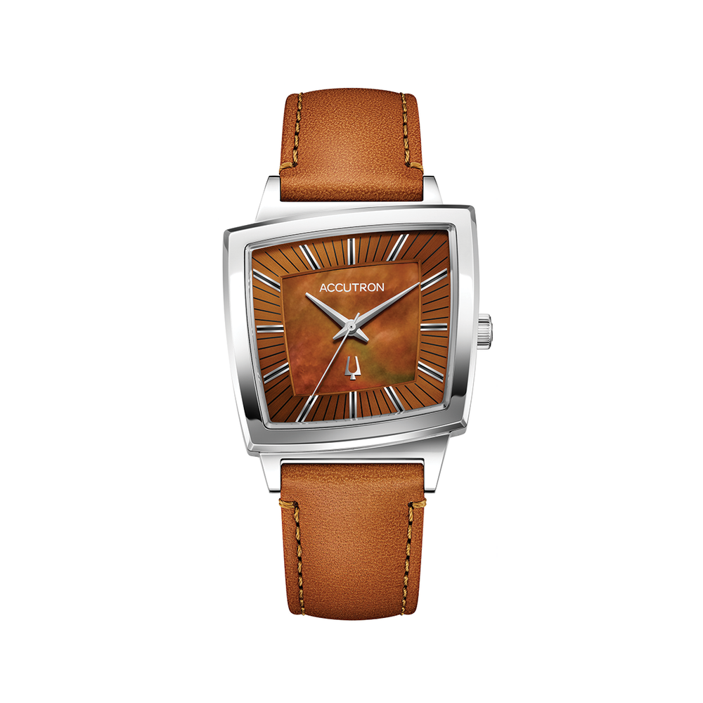 Memphis 521 35.8mm brown dial watch on brown leather strap seen from the front