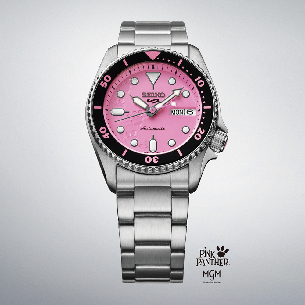 SRPM07 5 Sports SKX Pink Panther Limited Edition 38mm - Pink on Bracelet w/ Additional Fabric Strap
