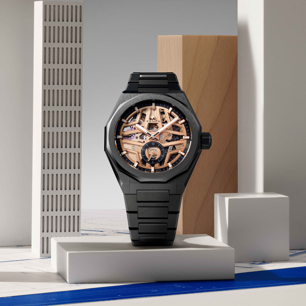 Defy Skyline Skeleton Ceramic 41mm - Gold-Toned on Bracelet w/ Extra Rubber Strap