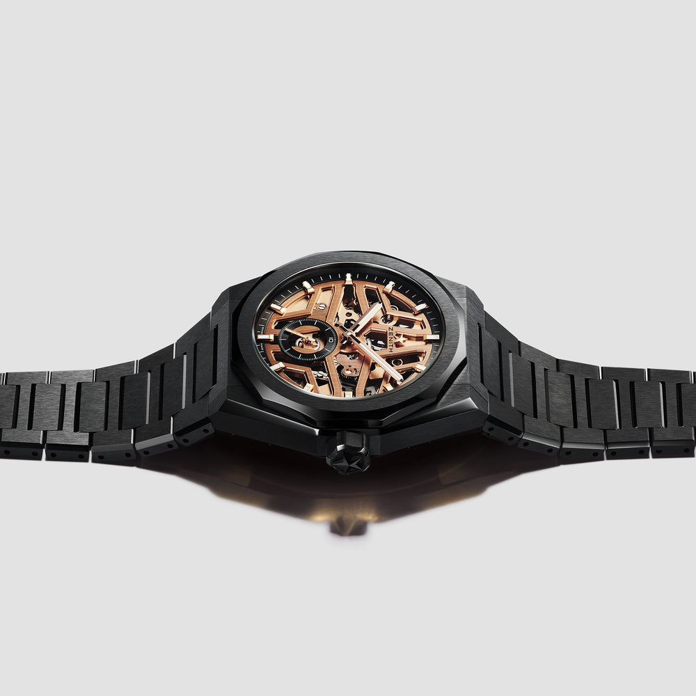 Defy Skyline Skeleton Ceramic 41mm - Gold-Toned on Bracelet w/ Extra Rubber Strap