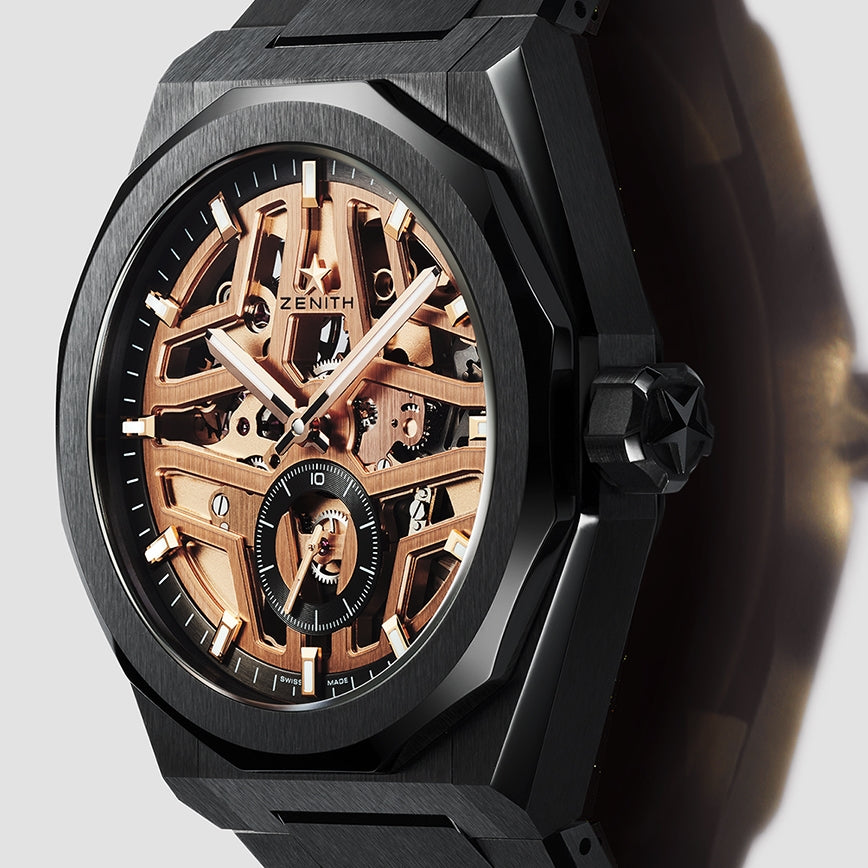 Defy Skyline Skeleton Ceramic 41mm - Gold-Toned on Bracelet w/ Extra Rubber Strap