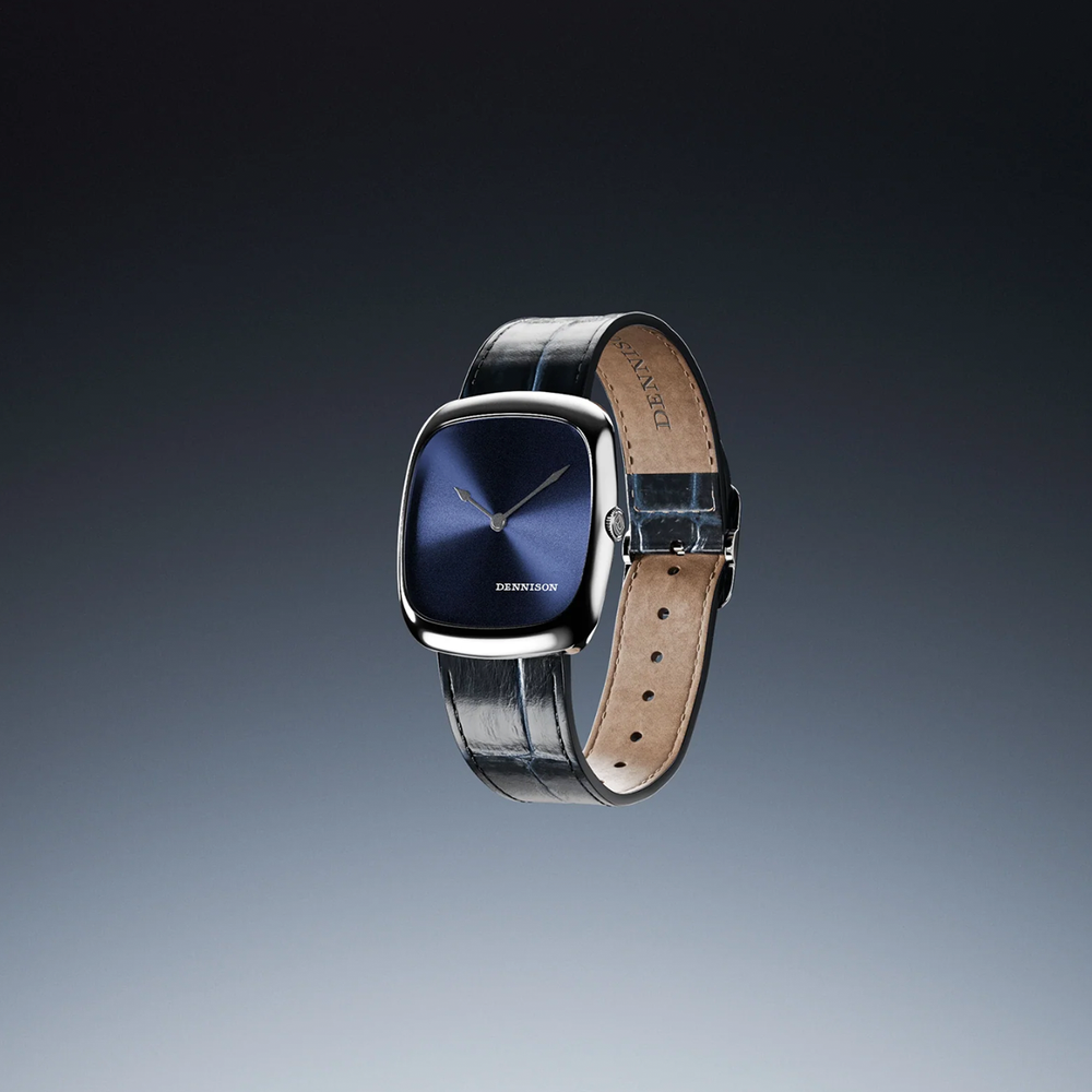ALD Time Only Sunray Blue watch in steel 37mm shown angled with blue leather strap