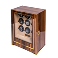 Parmaount Nine Watch Winder brown wood cabinet with glass front and gold trim displaying nine watches