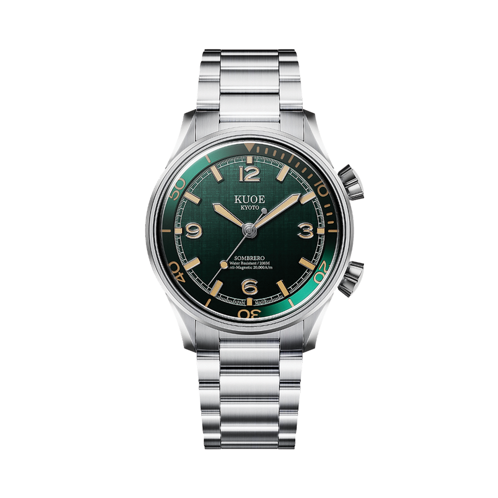 SOMBRERO 38mm - Green on Flat-Link Bracelet w/ Additional Leather Strap