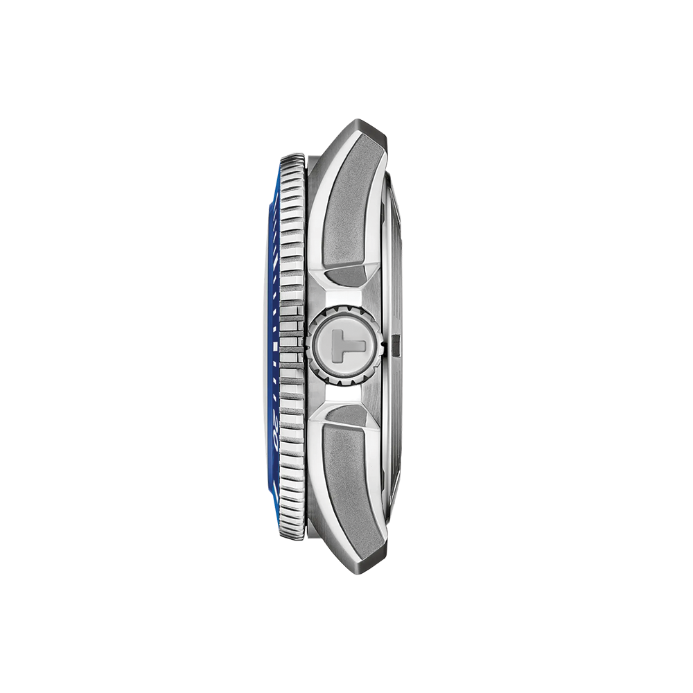 Side profile of blue on rubber strap Tissot Seastar 2000 professional diver watch with prominent crown