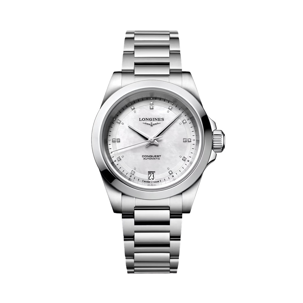 Conquest 34mm - White, Mother-of-Pearl w/ Diamonds on Bracelet