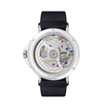 Side profile of Ahoi Neomatik Sky watch with navy fabric strap and knurled crown