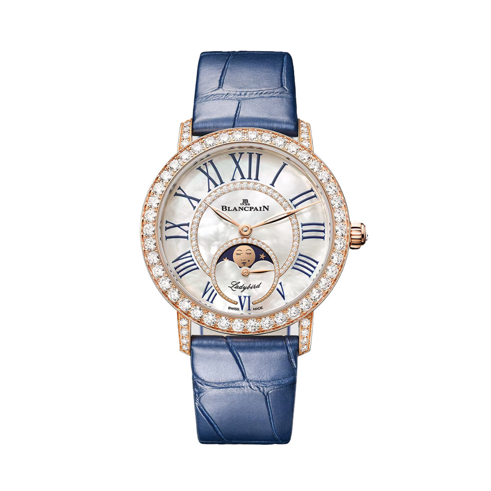 Ladybird Colors Moonphase Red Gold and Diamonds 34.9mm - White on Leather Strap