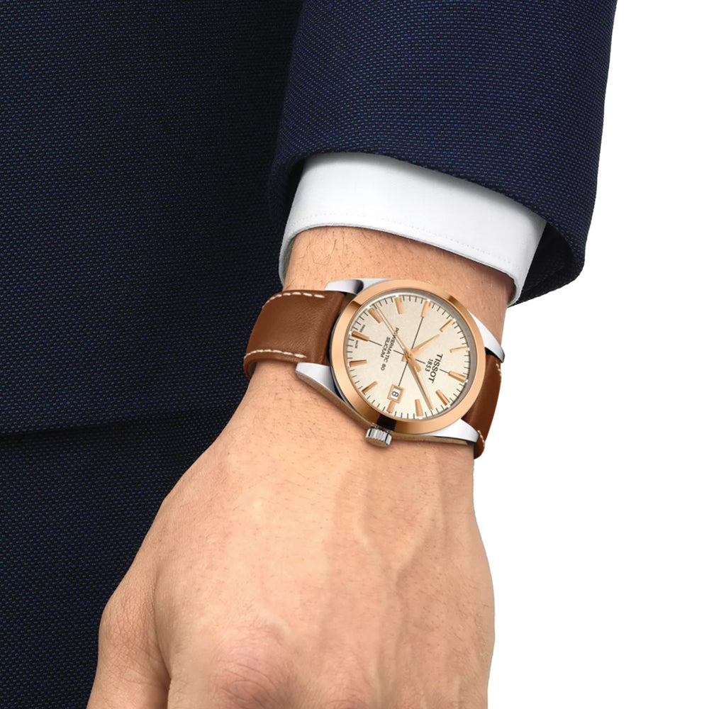 Gentleman Powermatic 80 Silicium Solid 18K Gold bezel 40mm - Cream on Leather Strap