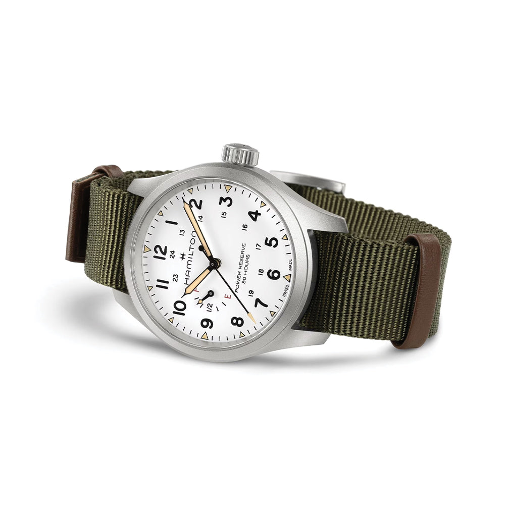 Khaki Field Mechanical Power Reserve 40mm - White on Fabric Strap