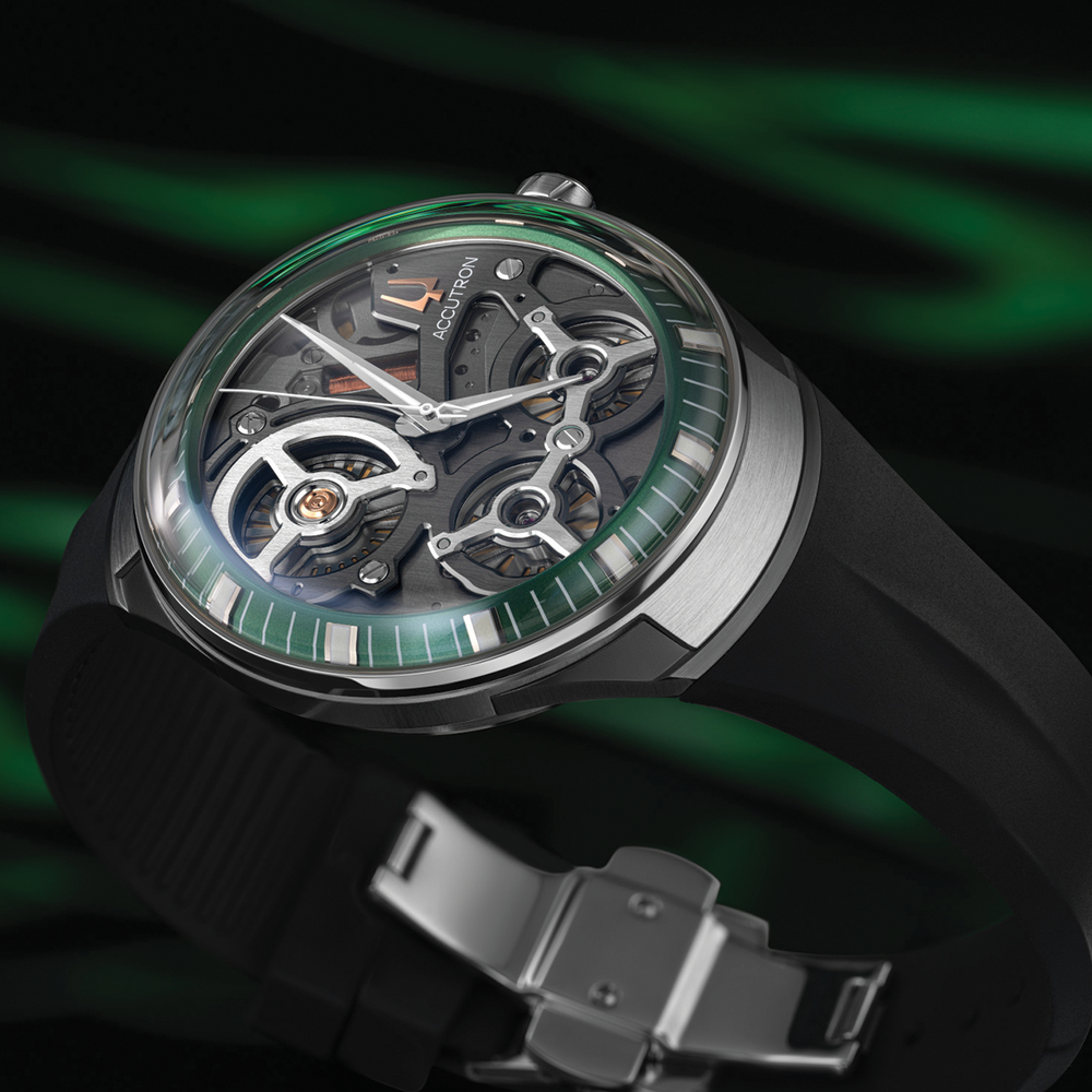 ElectroStatic Spaceview DNA 45mm skeleton watch on grey rubber strap with green bezel