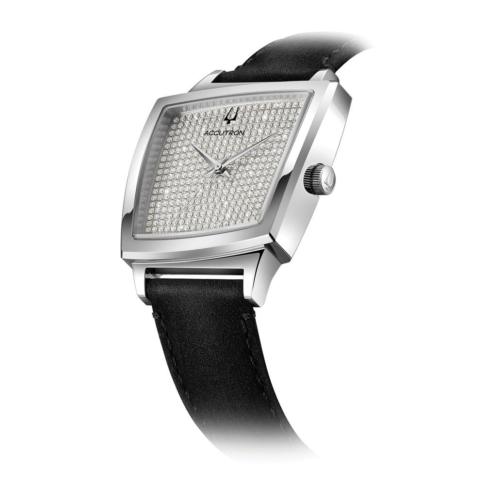 Angled side view of Memphis 521 silver-tone watch with a diamond pavé dial and black leather strap
