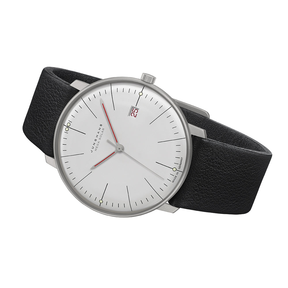 Max Bill MEGA Solar Bauhaus 38mm - Silver on Leather Strap