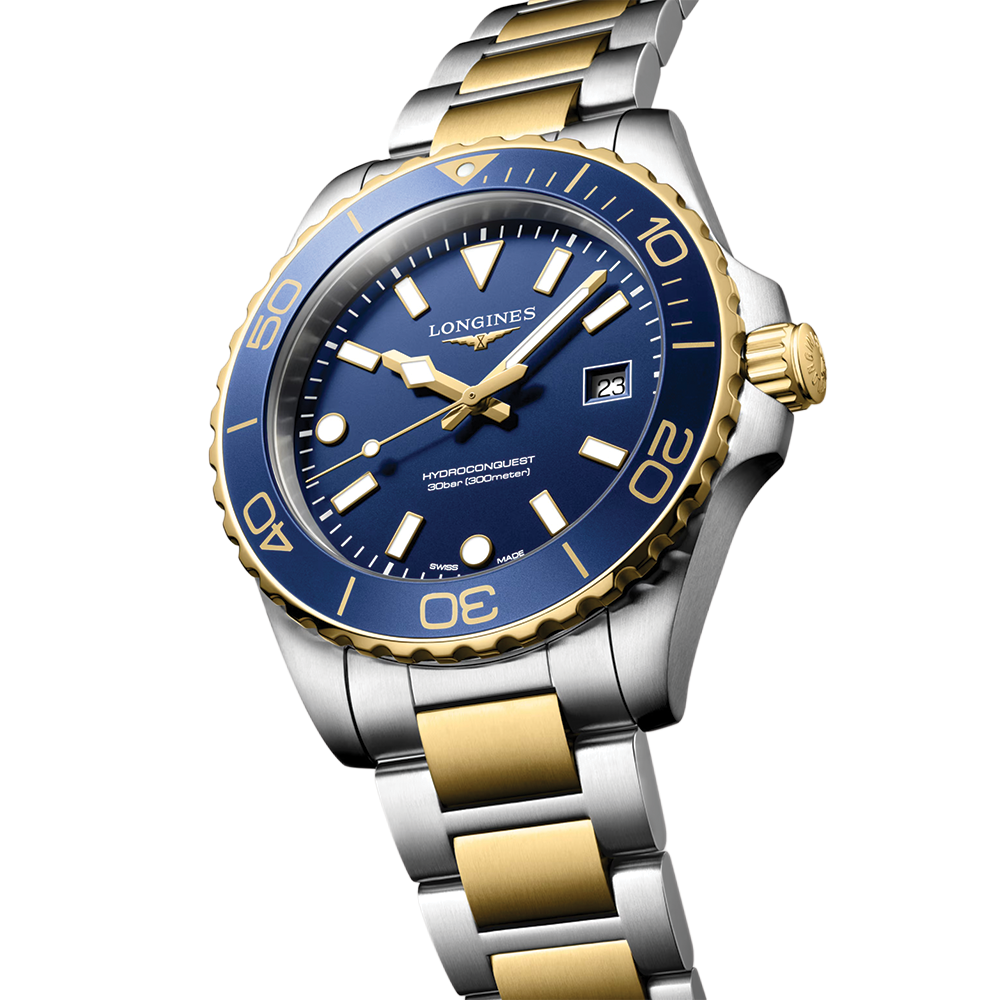 HydroConquest Quartz Yellow PVD Two-Tone 42mm - Blue on Bracelet