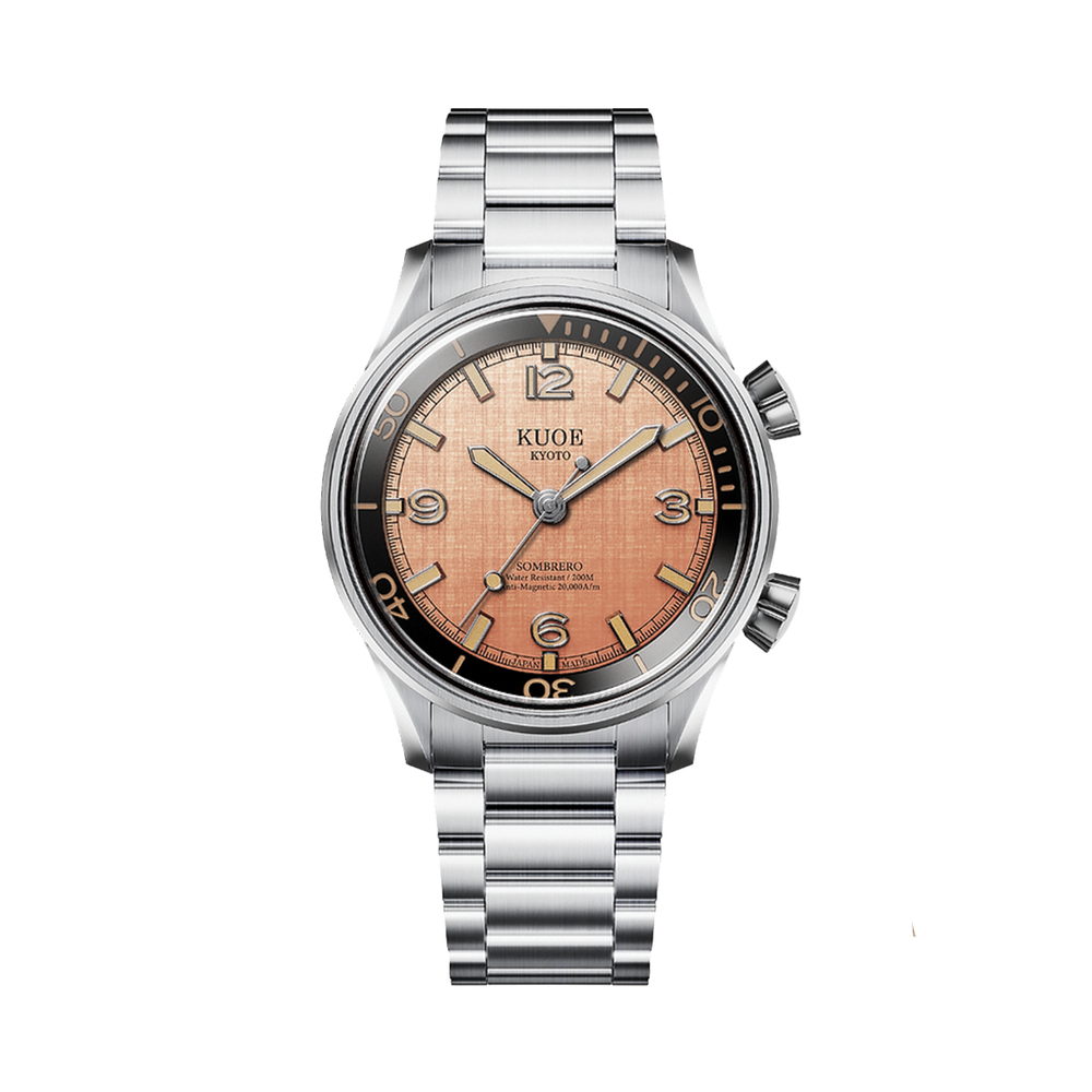 SOMBRERO 38mm - Salmon Pink on Flat-Link Bracelet w/ Additional Leather Strap