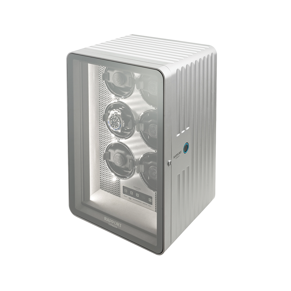 Neo Watch Winder silver with glass front and six watch slots visible