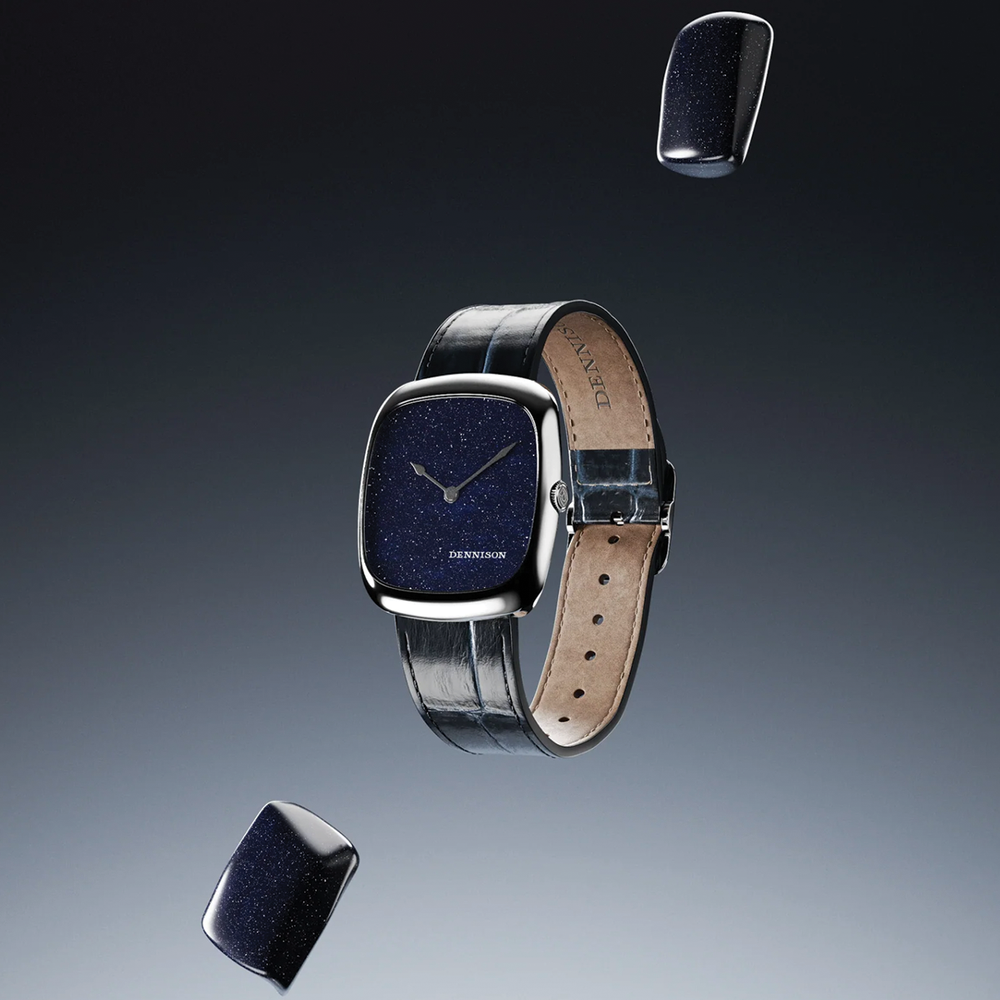 ALD Time Only Midnight Aventurine steel 37mm watch with a starry blue dial on a blue alligator-embossed leather strap