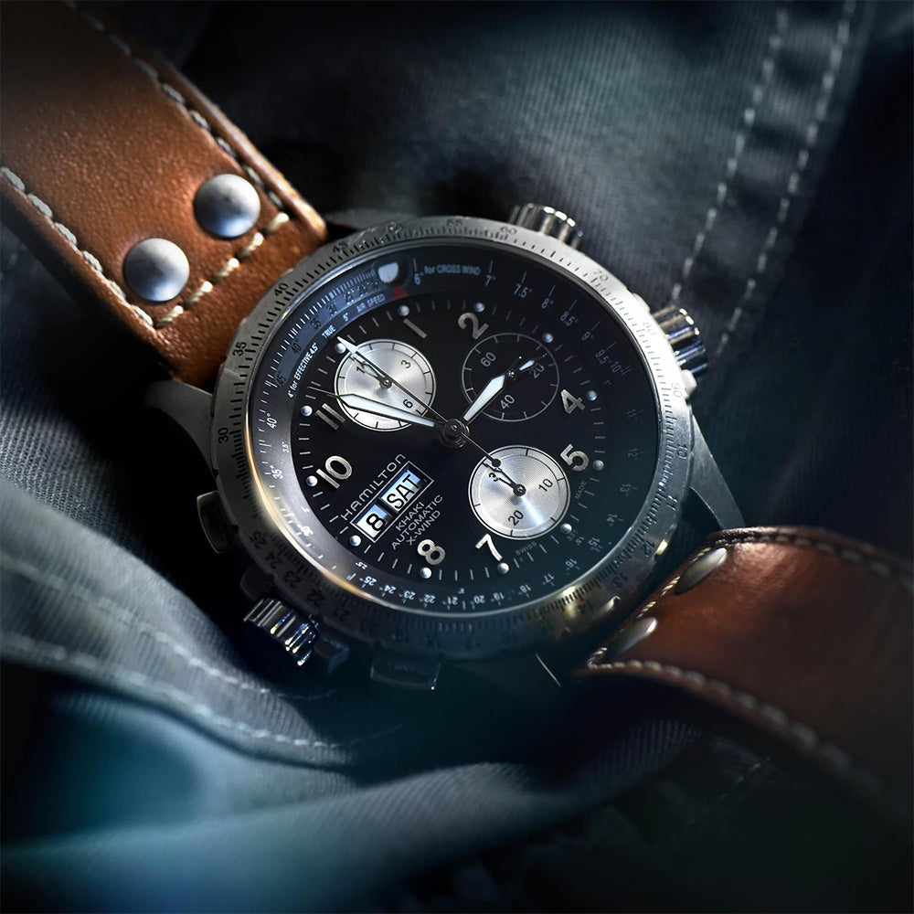 Khaki Aviation X-Wind Auto Chrono 44mm - Black on Leather Strap