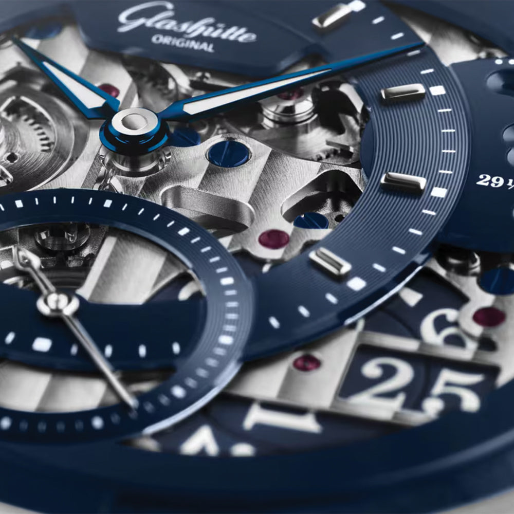 PanoMaticCalendar Limited Edition Platinum 42mm - Skeletonized Deep Blue on Leather Strap